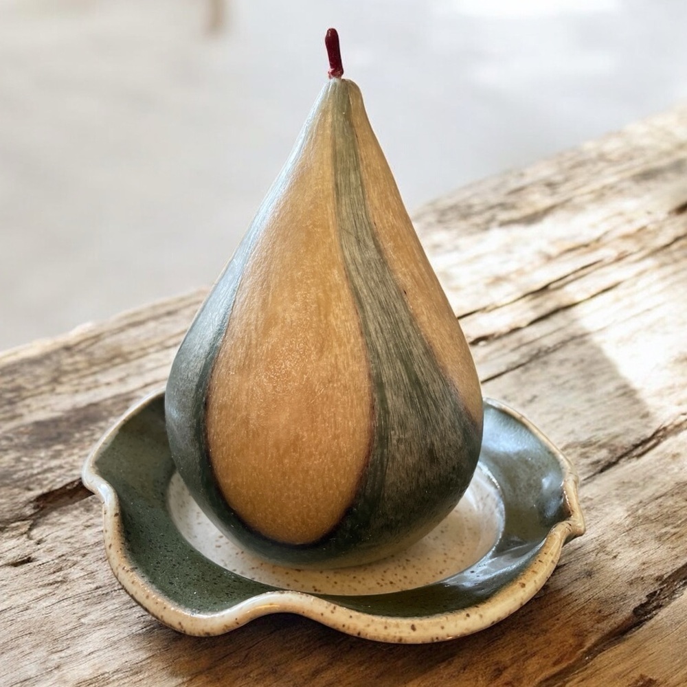Pear candle & pottery plate, not intended as a set, but looks great together,EUC